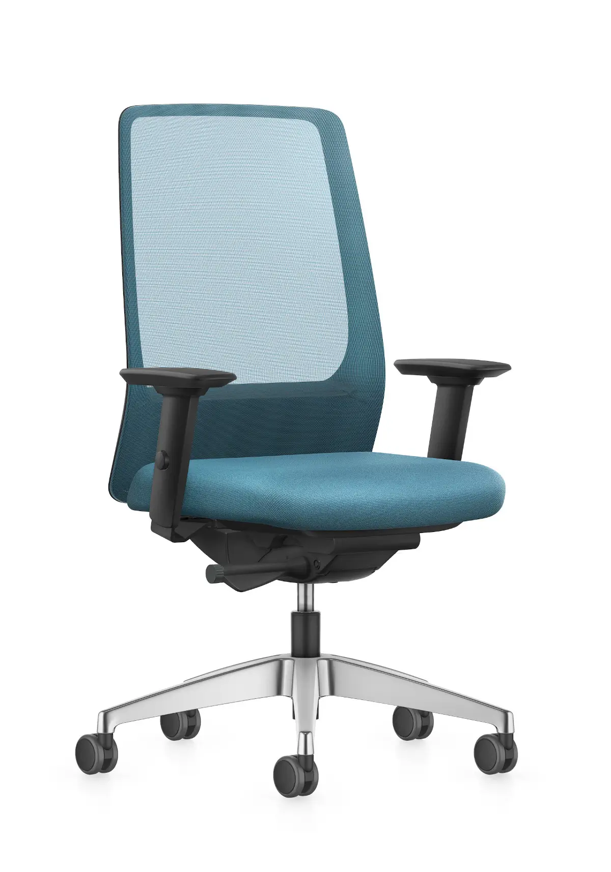 Interstuhl AIMis1 1S03 Bürostuhl in Blau mit Netzrücken, Armlehnen und Rollen in schräger Ansicht