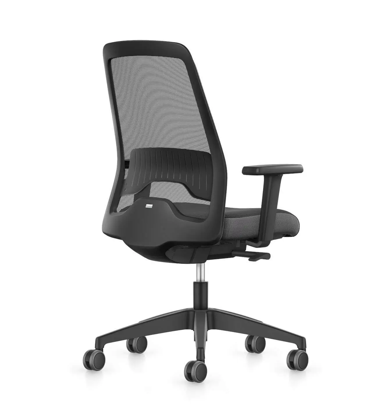 Interstuhl EVERY EV256 Bürostuhl in Schwarz mit Netzrücken und Armlehnen aus schräger Rückansicht