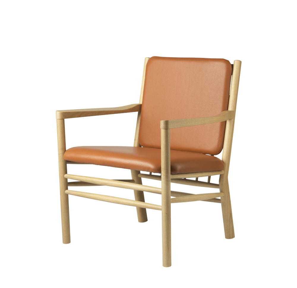 FDB Møbler J147 Sessel, nordisch, ergonomisch, Eiche natur, Leder cognac, langlebig, nachhaltig
