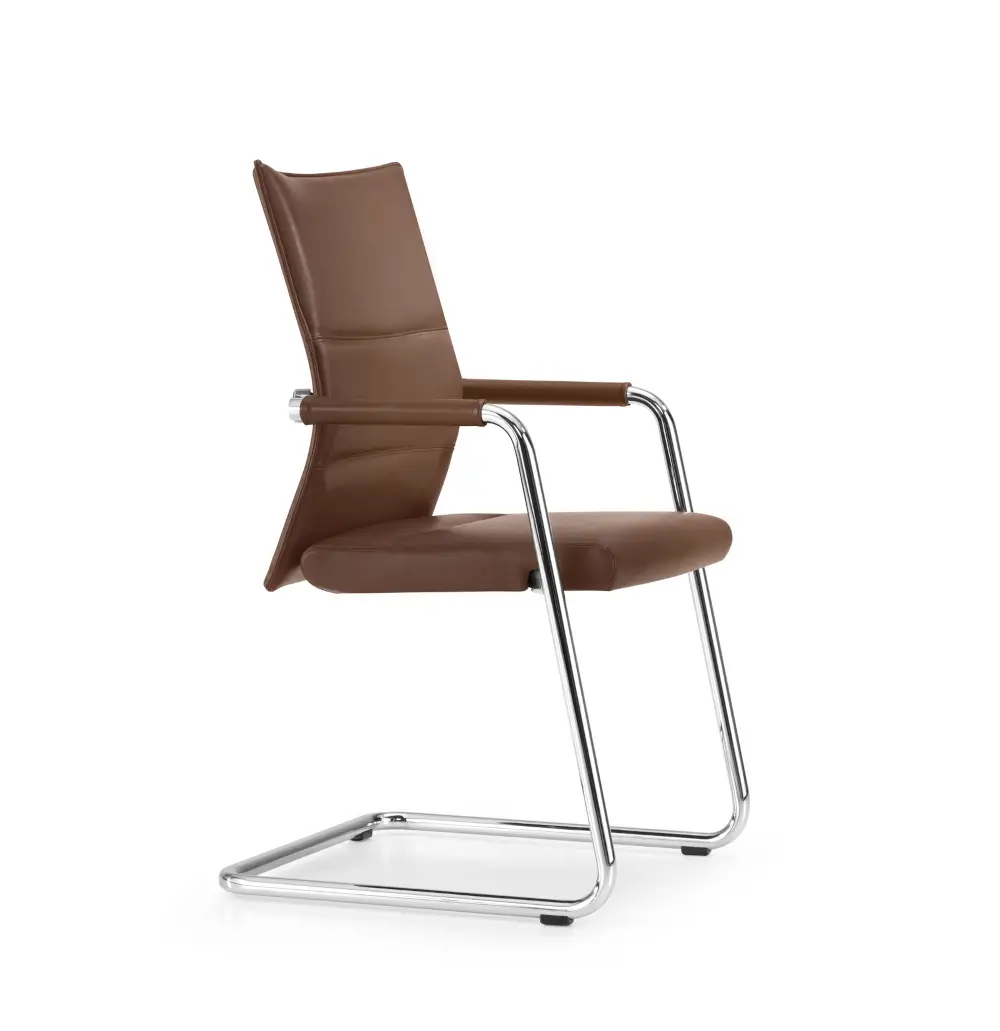 Girsberger Diagon Executive Freischwinger in seitlicher Ansicht mit schlankem Gestell und gepolsterten Armlehnen.