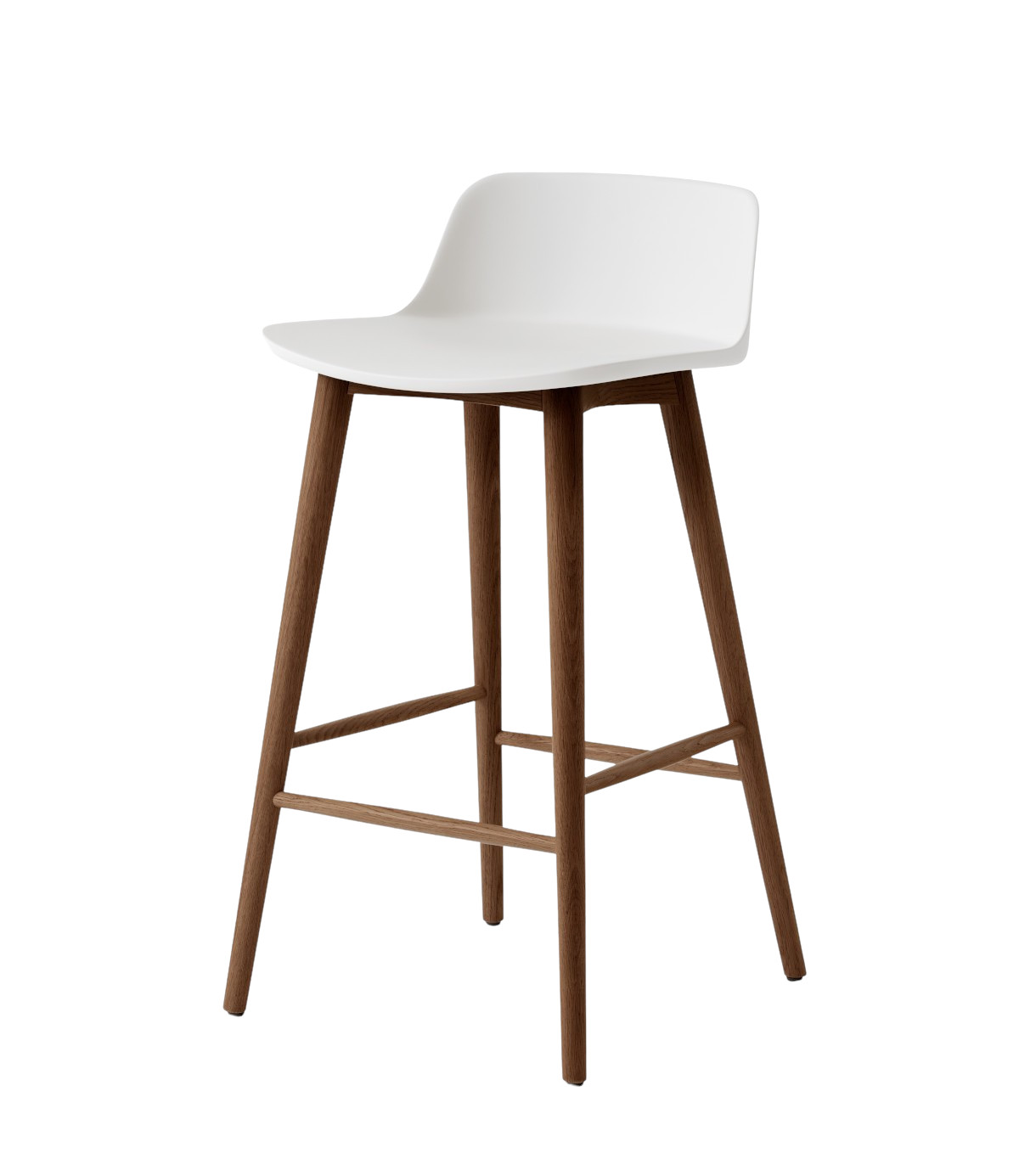 &Tradition Rely HW118 Barhocker mit Walnuss-Gestell und weißer Sitzfläche, moderner Design-Barstuhl aus Holz