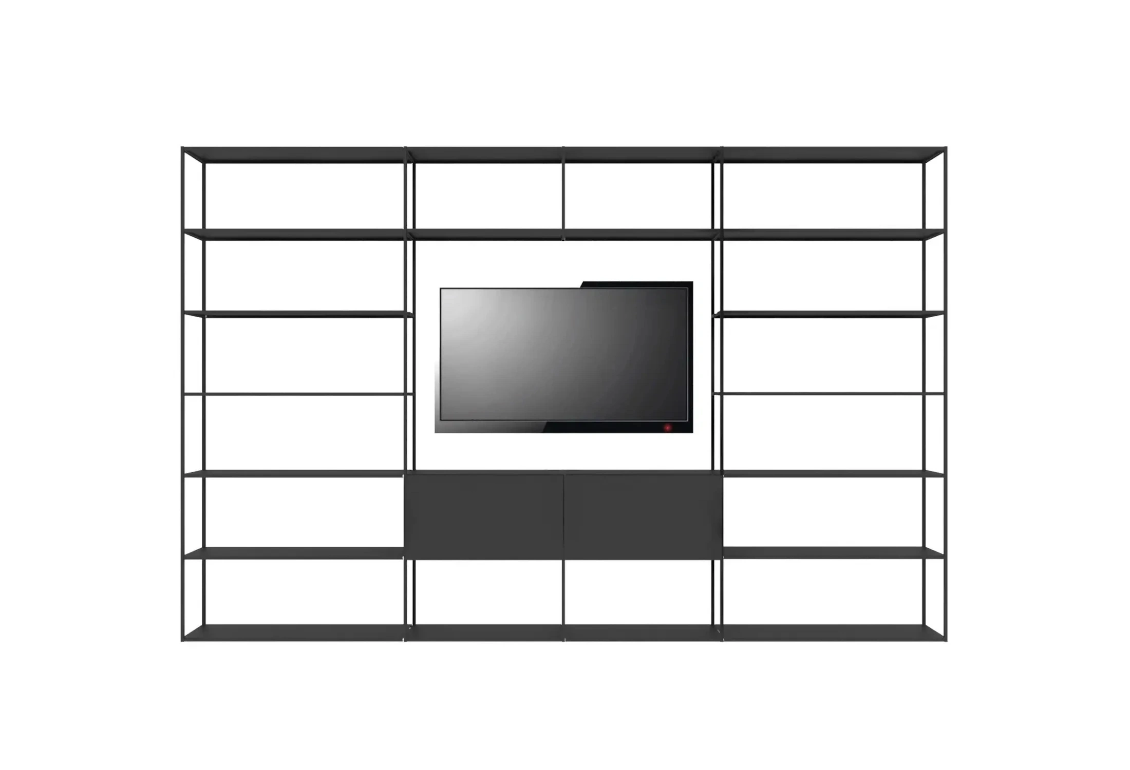 Breites Zeus Easy Irony TV Bücherregal mit Klapptüren und integriertem TV-Bereich in kupferschwarz.