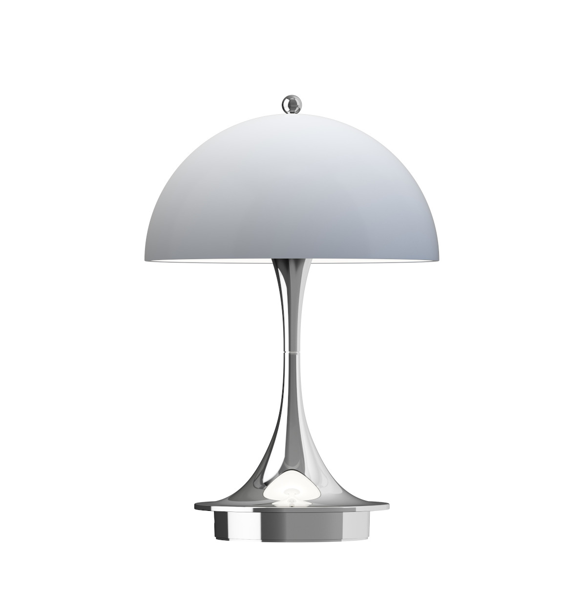 Panthella 160 Portable Tischleuchte Chrome Opal Blue Grey Louis Poulsen Panthella 160 Portable LED Tischleuchte in Chrome Opal Blue Grey, kabellos, dimmbar, skandinavisches Design