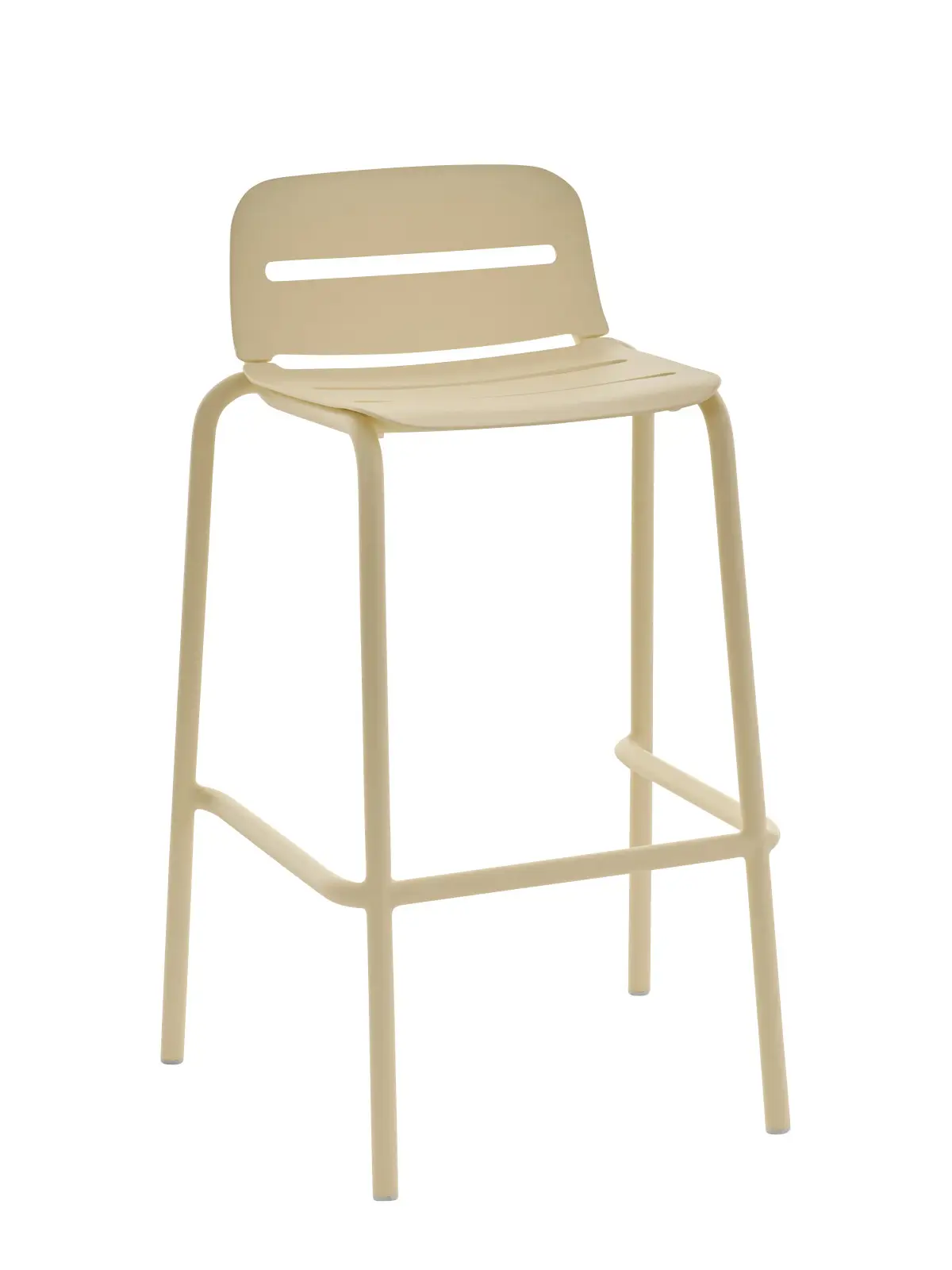Weishäupl Vapio Barhocker in Creme aus pulverbeschichtetem Metall für Garten, Terrasse und Barbereiche.