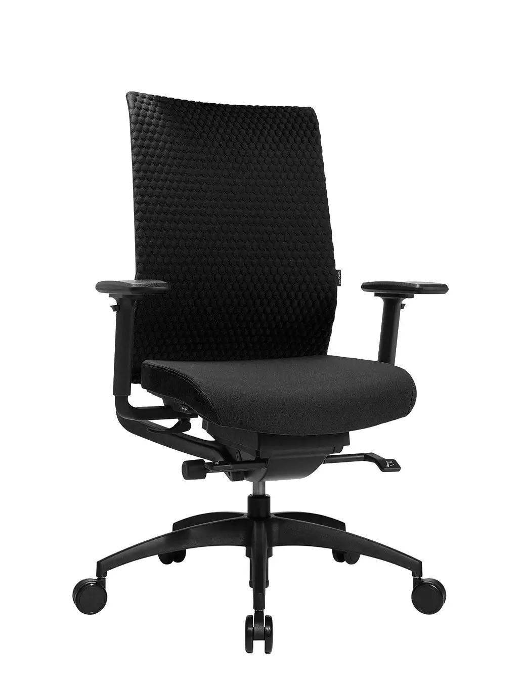 Wagner ErgoMedic 100-5 Bürostuhl mit schwarzem Stoffbezug, strukturierter Rückenlehne, verstellbaren Armlehnen und ergonomischem Sitz in der Frontansicht.
