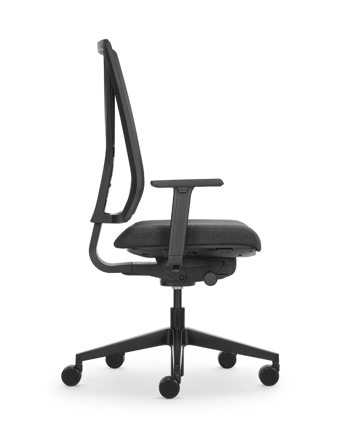 Girsberger Yanos 3D Edition Bürostuhl in Schwarz mit Netzrücken und Armlehnen in der Seitenansicht
