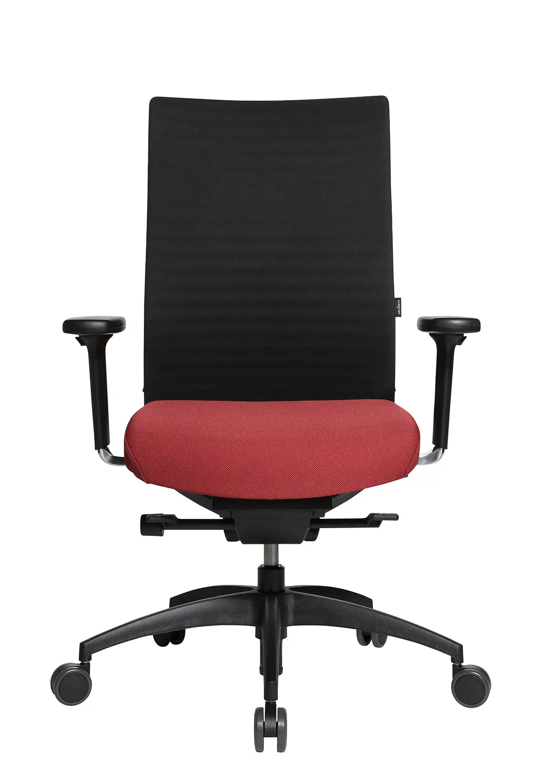 Wagner ErgoMedic 100-3 Bürostuhl mit schwarzer Netzrückenlehne, rotem Sitzpolster und ergonomischer Ausstattung in der Frontansicht.