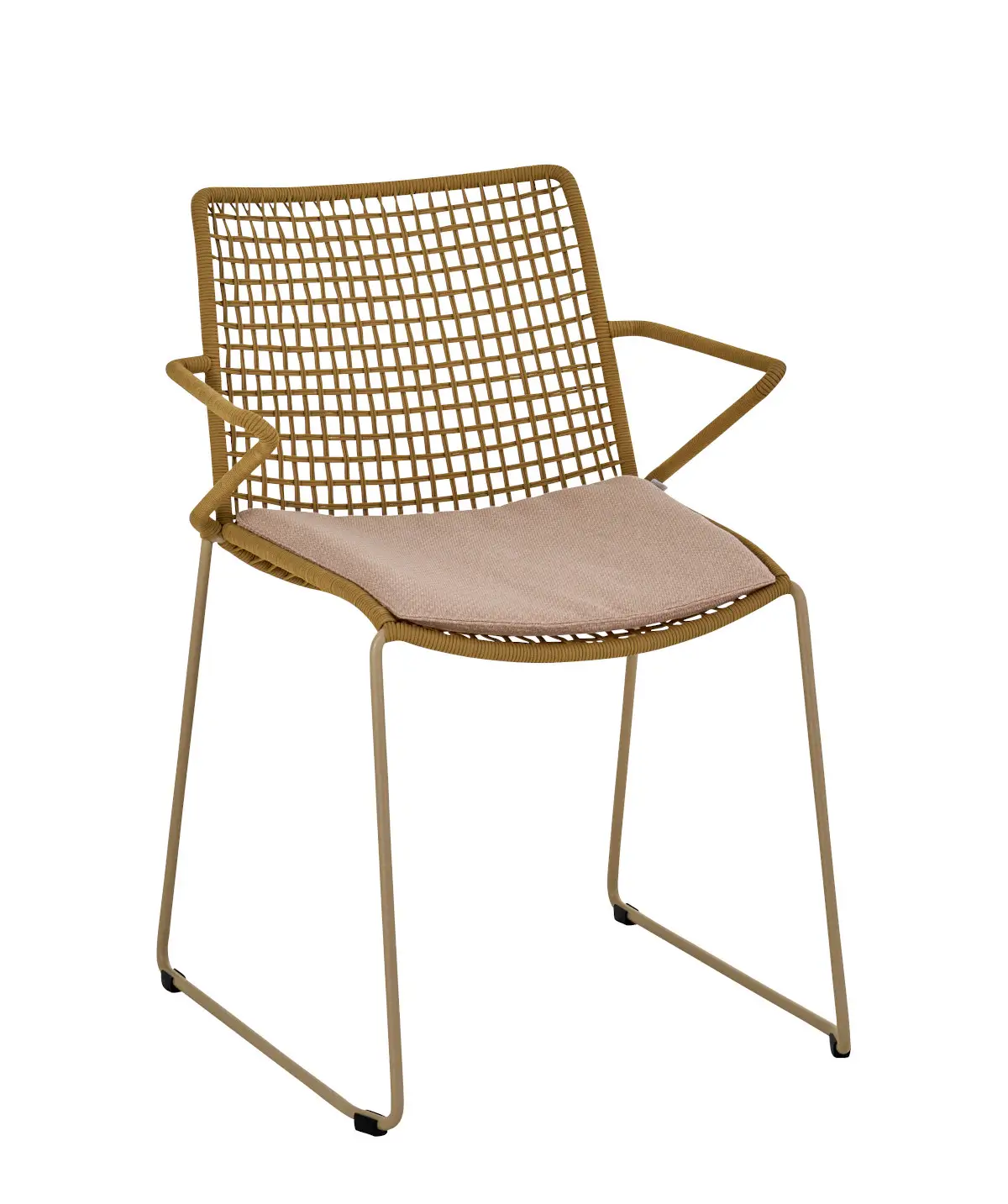 Weishäupl Slope Gartensessel in Perlbeige mit wetterfestem Kordelgeflecht, Armlehnen und komfortablem Outdoor-Sitzkissen.
