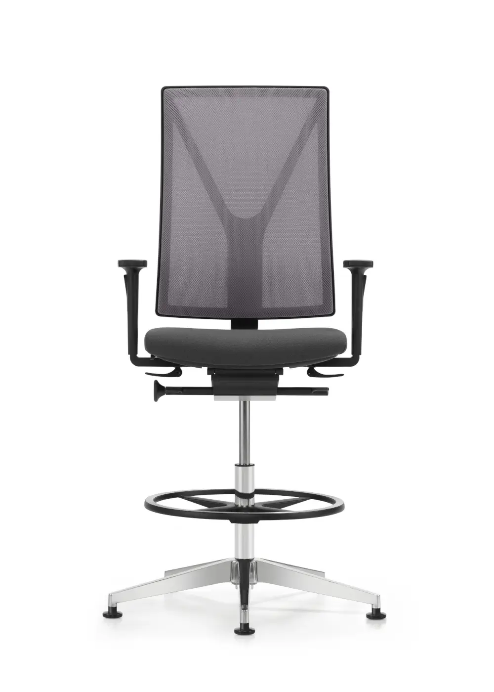 Girsberger Yanos Drehstuhl mit Fussring für ergonomisches Sitzen an erhöhten Arbeitsplätzen.
