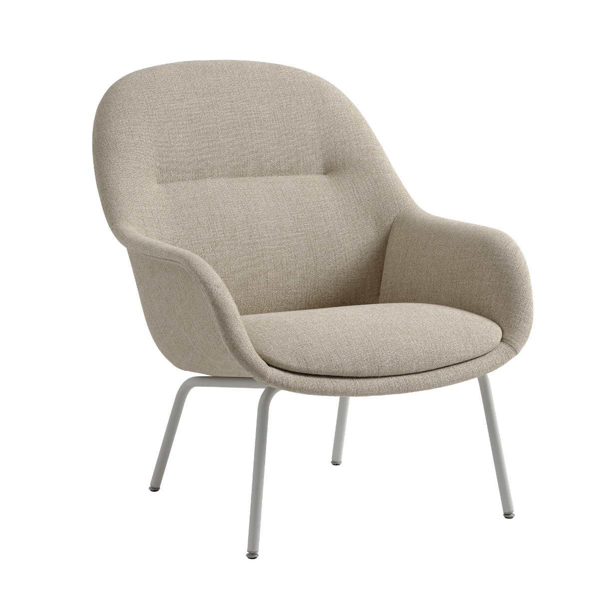 Muuto Fiber Lounge Sessel mit grauem Stoffbezug Ecriture 240 und schwarzer Rohrgestell-Basis, moderner Komfort und Design