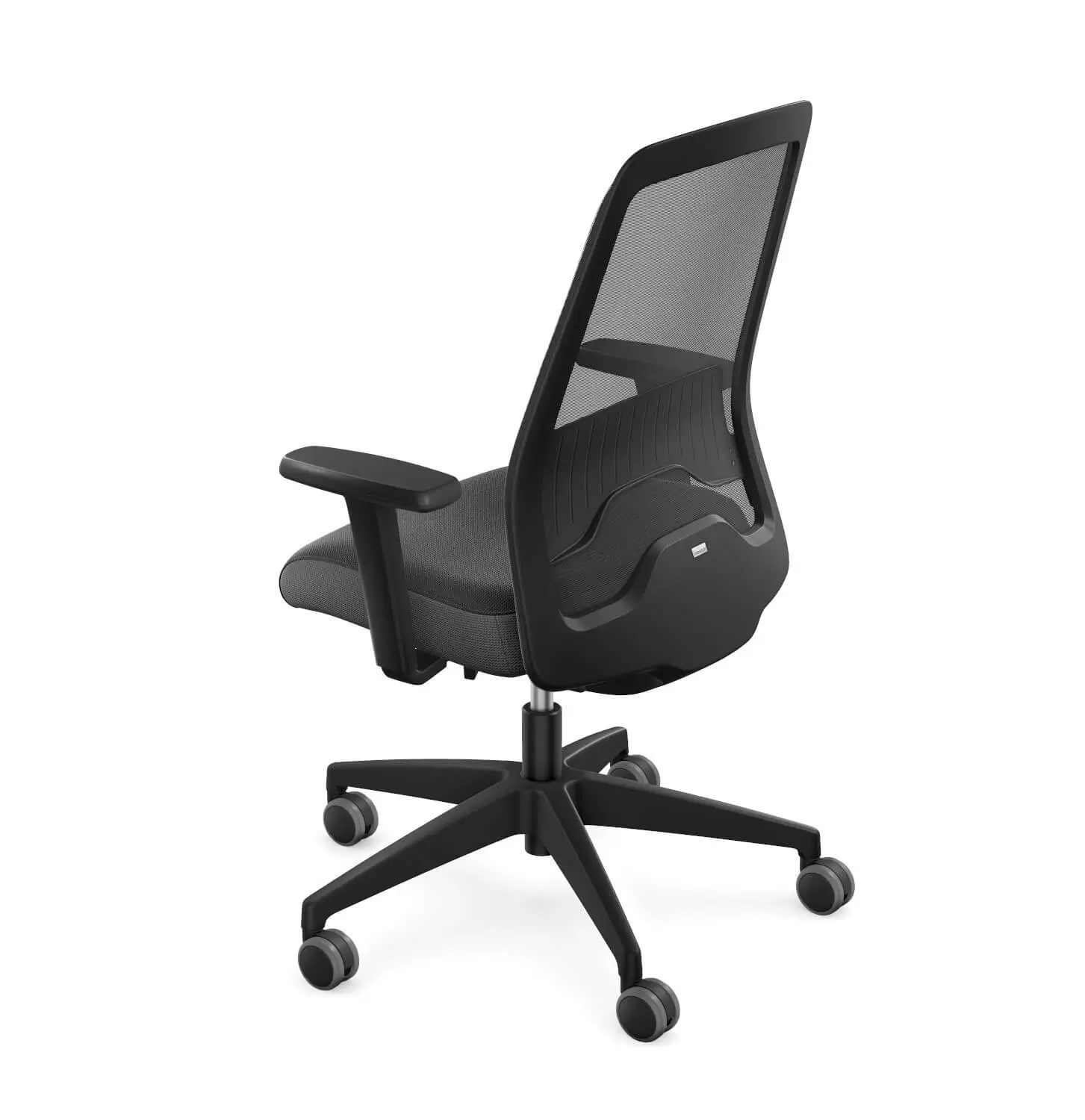 Interstuhl EVERY EV256 Bürostuhl in Schwarz mit Netzrücken und Armlehnen aus hinterer Perspektive