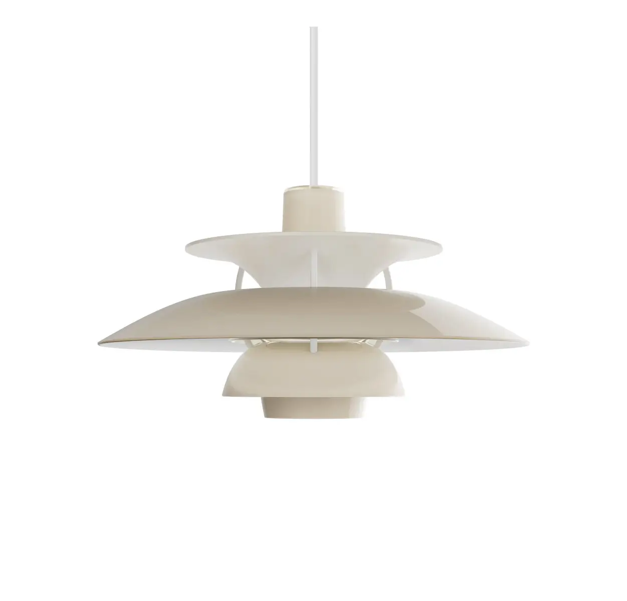 Louis Poulsen PH 5 320 Opal Pendelleuchte in Beige ausgeschaltet vor weißem Hintergrund
