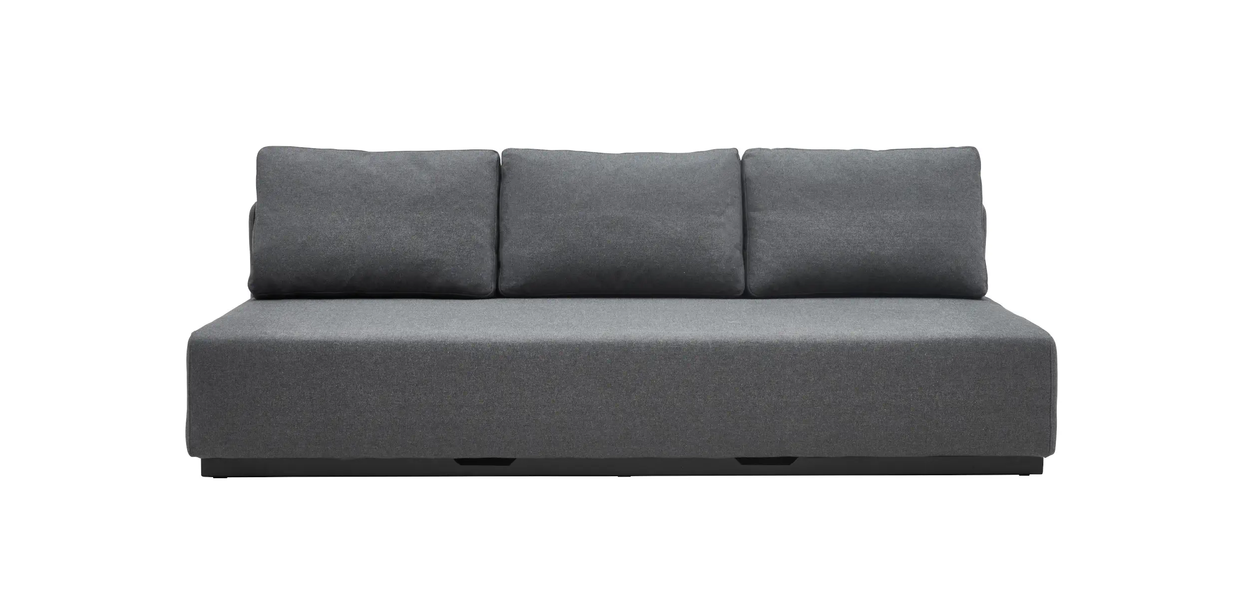 Softline Nevada Sofa 3-Sitzer in Dunkelgrau aus gerader Vorderansicht mit breiter Sitzfläche, drei Rückenkissen und schwarzem Sockel.