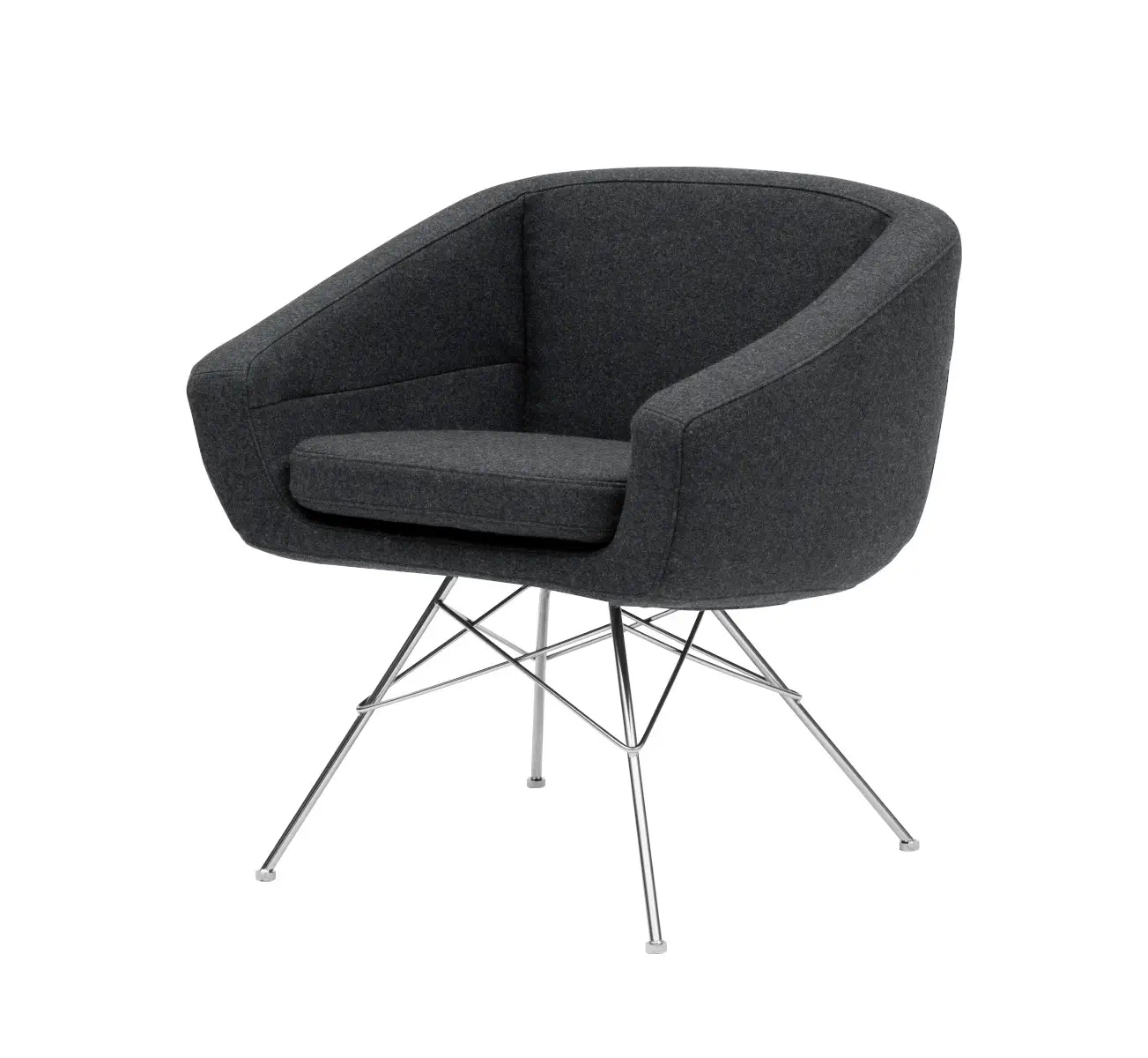 Softline Aiko Sessel in Anthrazit aus seitlicher Perspektive mit gepolsterter Sitzschale, Sitzkissen und filigranem Metallgestell.