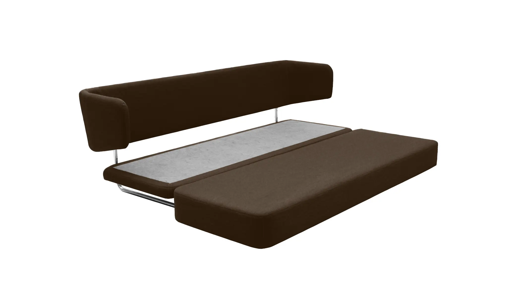 Softline Jasper Sofa in Braun in ausgeklappter Position mit großer Liegefläche, gepolsterter Rückenlehne und sichtbarer Unterkonstruktion.