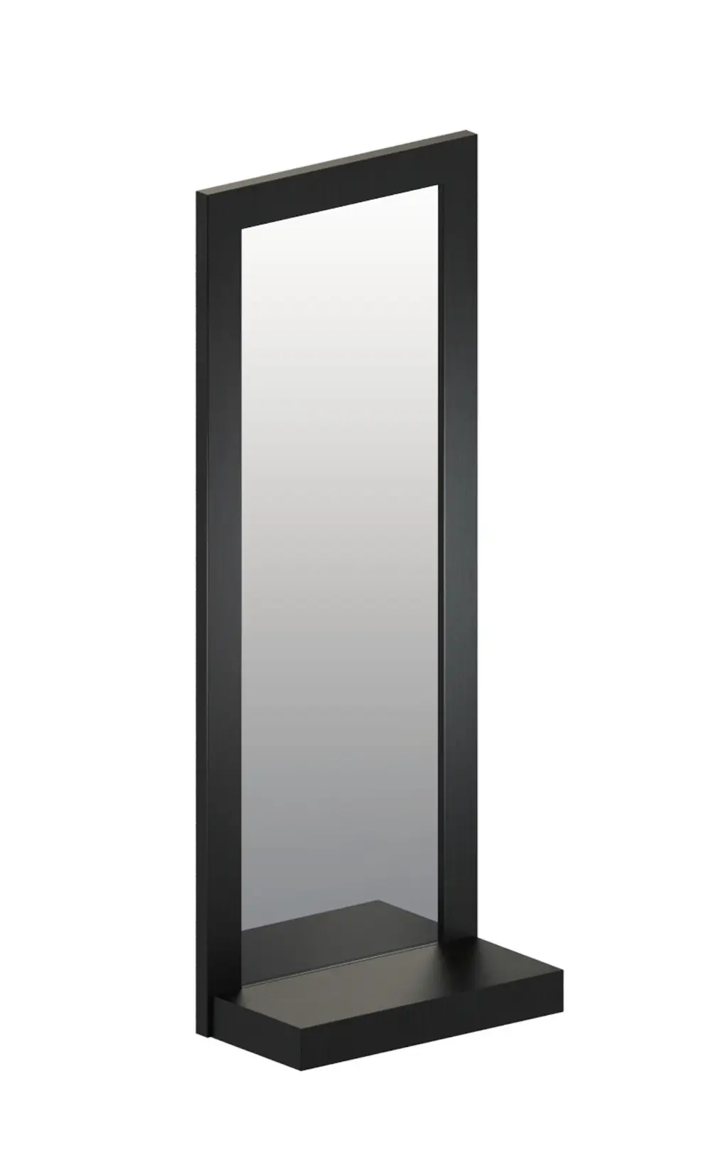 Zeus Frame Wandspiegel mit rechteckigem Stahlrahmen und integrierter Ablagefläche.
