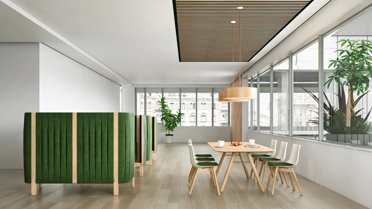 Girsberger Velum Highback Sofa als abgeschirmte Sitzgelegenheit in einem modernen und offenen Büro.