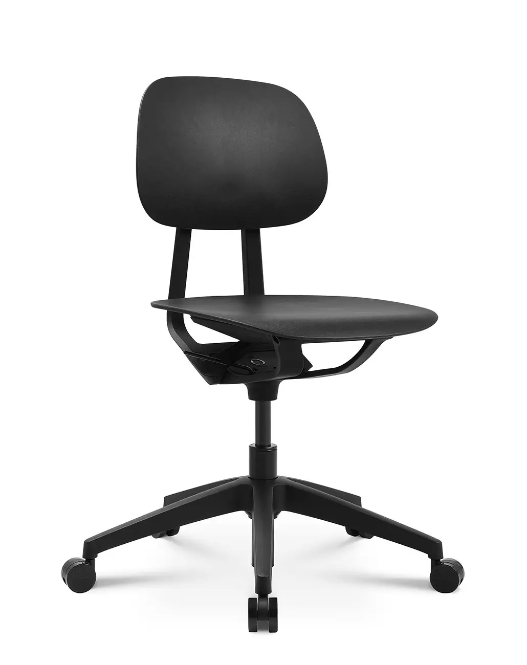 Schwarzer Wagner S2 Bürostuhl mit Rollen und ergonomischer Rückenlehne in Perspektivansicht.