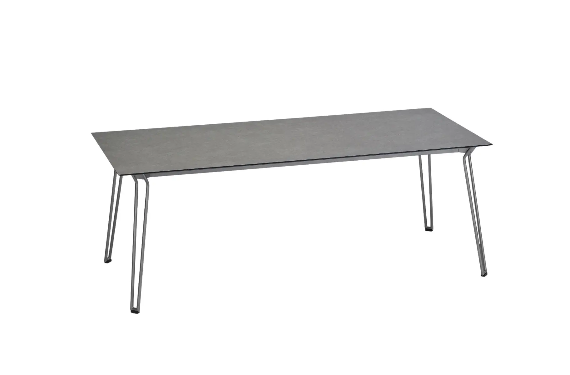 Weishäupl Slope Tisch 200 x 90 cm mit Edelstahlgestell und robuster HPL-Tischplatte in Steingrau. Wetterfester Design-Gartentisch für Terrasse und Außenbereich.