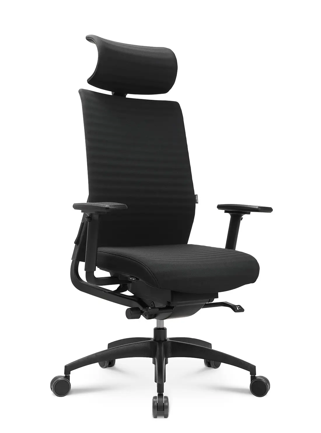 Wagner ErgoMedic 100-3 Bürostuhl mit schwarzer Netzrückenlehne, schwarzer Kopfstütze, schwarzem Sitzpolster und verstellbaren Armlehnen in schräger Vorderansicht.