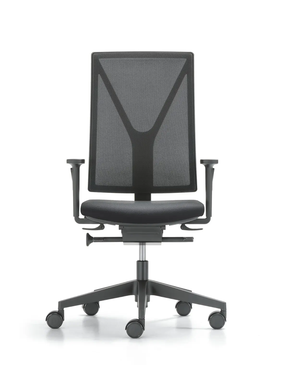 Girsberger Yanos Edition Bürostuhl in Schwarz mit Netzrücken und Armlehnen in der Vorderansicht