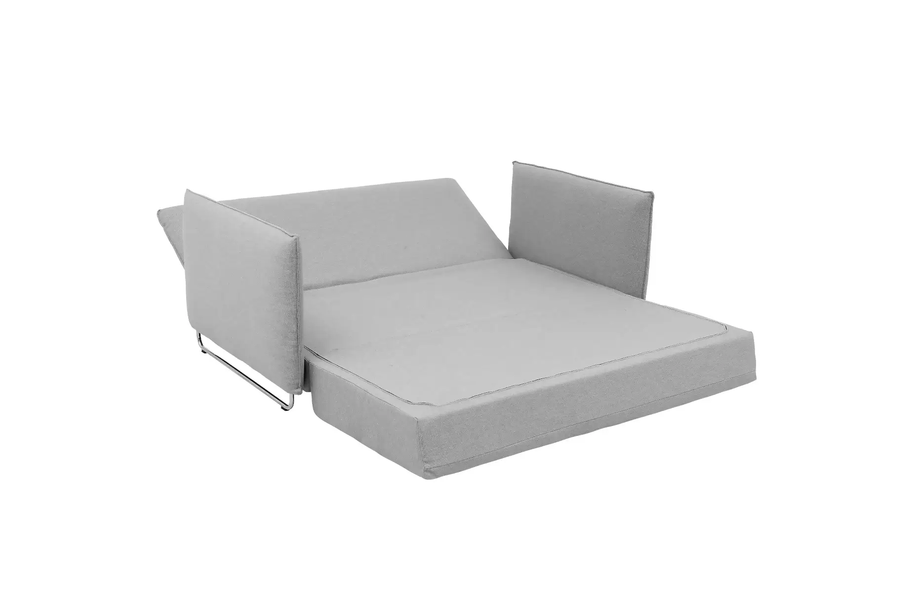 Softline Cord Sofa in Hellgrau mit vollständig ausgeklappter Liegefläche, seitlichen Armlehnen und sichtbarem Metallgestell.
