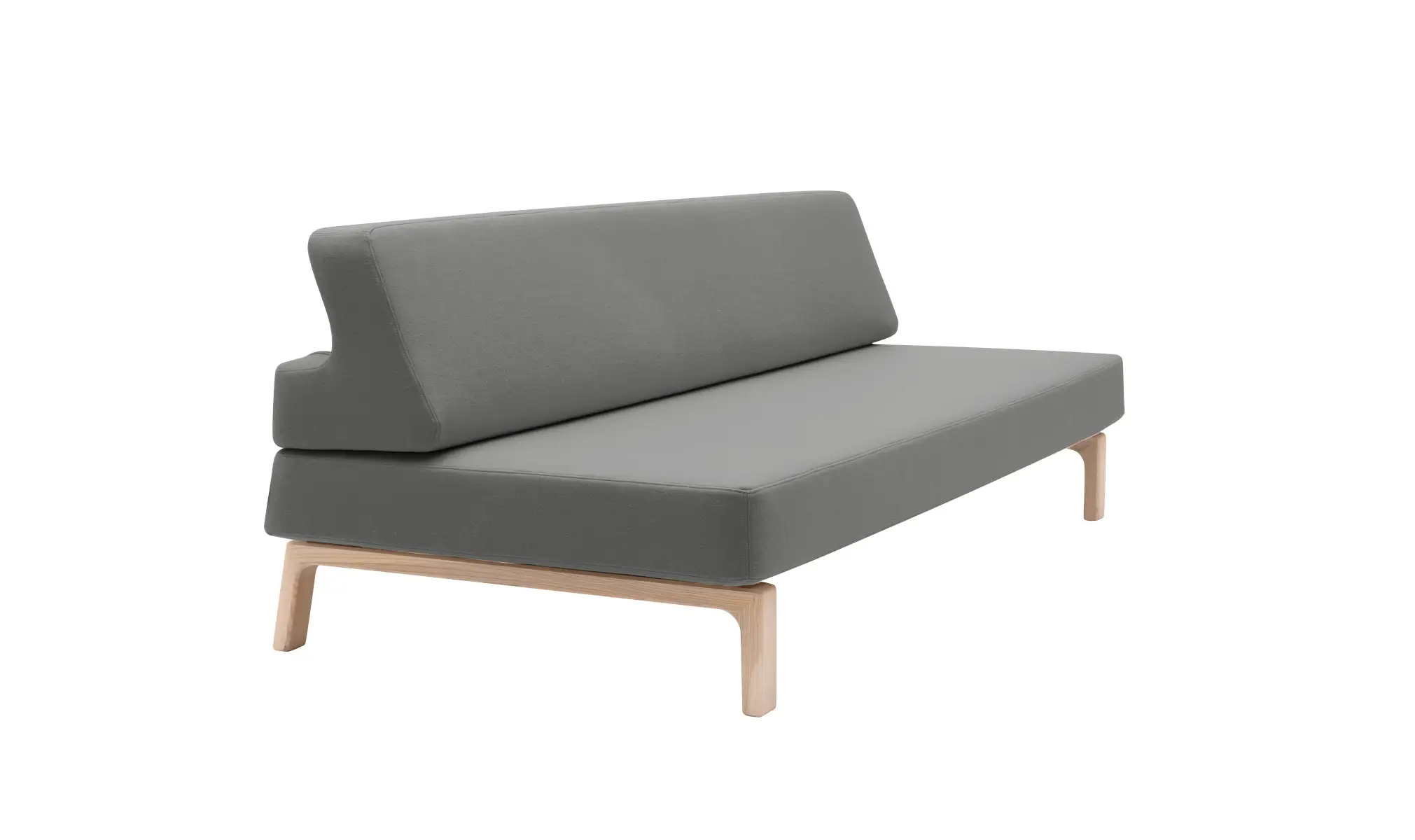 Softline Lazy Sofa in Grau aus vorderer Perspektive mit breiter gepolsterter Sitzfläche, markanter Rückenlehne und hellem Holzgestell.