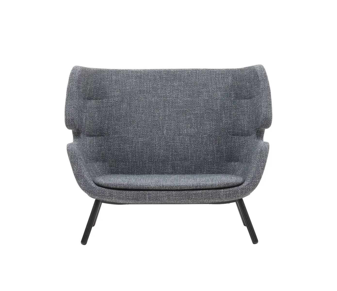 Softline Moai Sofa 2-Sitzer in Grau in gerader Vorderansicht mit breiter gepolsterter Sitzfläche, hoher Rückenlehne, seitlichen Flügeln und schwarzen Beinen.