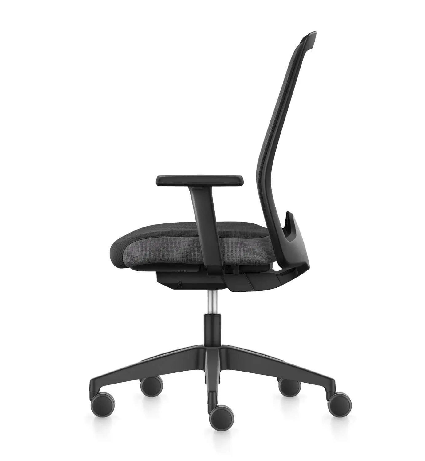 Interstuhl EVERY EV256 Bürostuhl in Schwarz mit Netzrücken und Armlehnen in rechter Seitenansicht