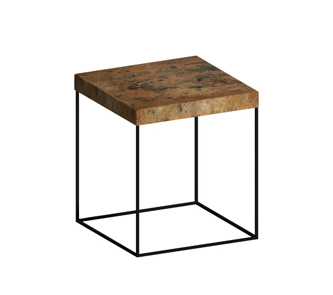 Zeus Slim Up Beistelltisch 41 × 46 cm mit Tischplatte in Rost und filigranem Stahlgestell in Kupferschwarz.