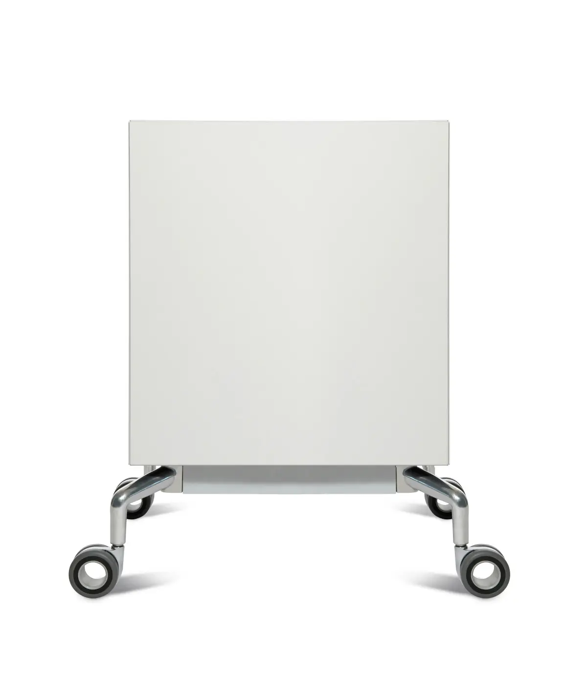 Seitenansicht des Wagner W-Box Container 1er in Weiß mit Rollen und verchromtem Gestell für moderne Büro- und Arbeitsbereiche.