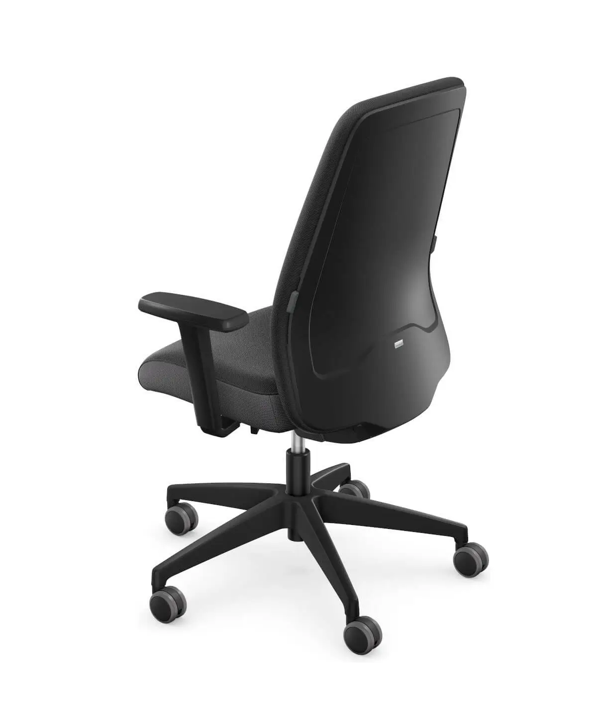Interstuhl EVERY EV156 Bürostuhl in Schwarz mit hoher Rückenlehne und Armlehnen aus hinterer Perspektive