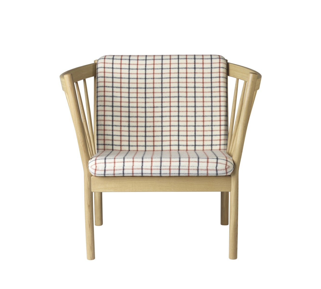 FDB Møbler J146 Sessel, ergonomisch, Eiche natur, rotkarierte Pferdedecke, nachhaltig, funktional, nordisches Design