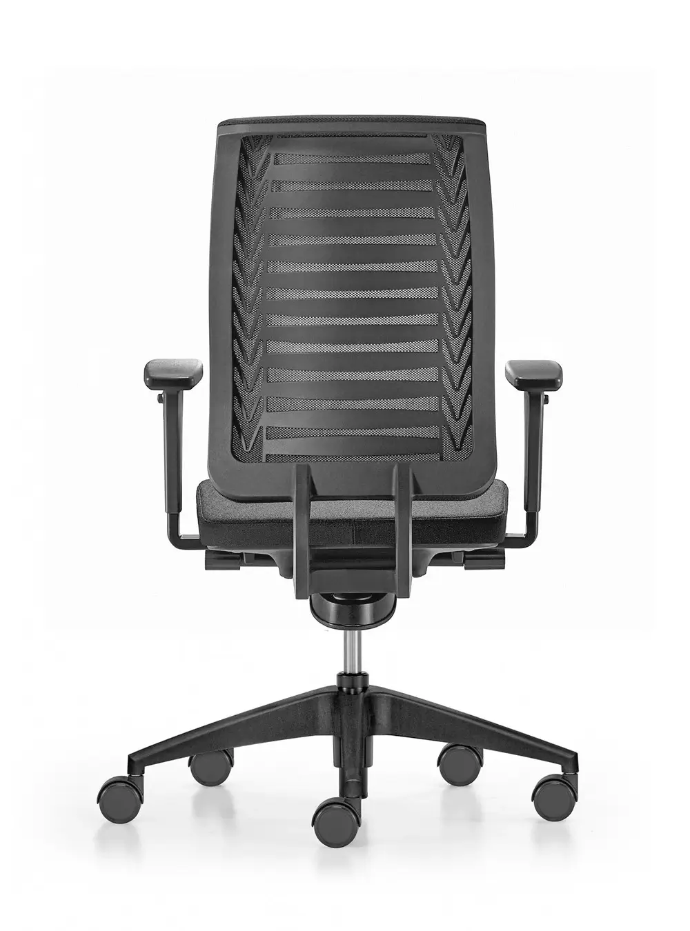 Girsberger Reflex Bürostuhl in Schwarz mit Netzrücken und Armlehnen in der Rückansicht