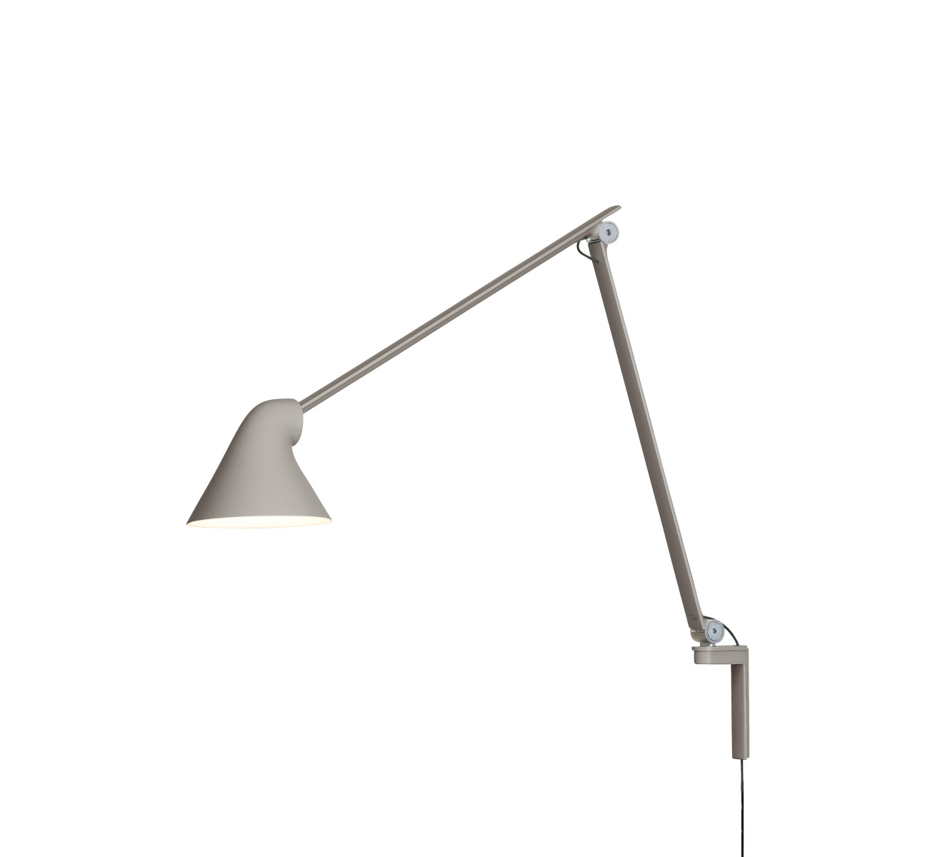 NJP Wandleuchte von Louis Poulsen in Light Aluminium Grey mit flexiblem Arm, LED-Licht und minimalistischem Design