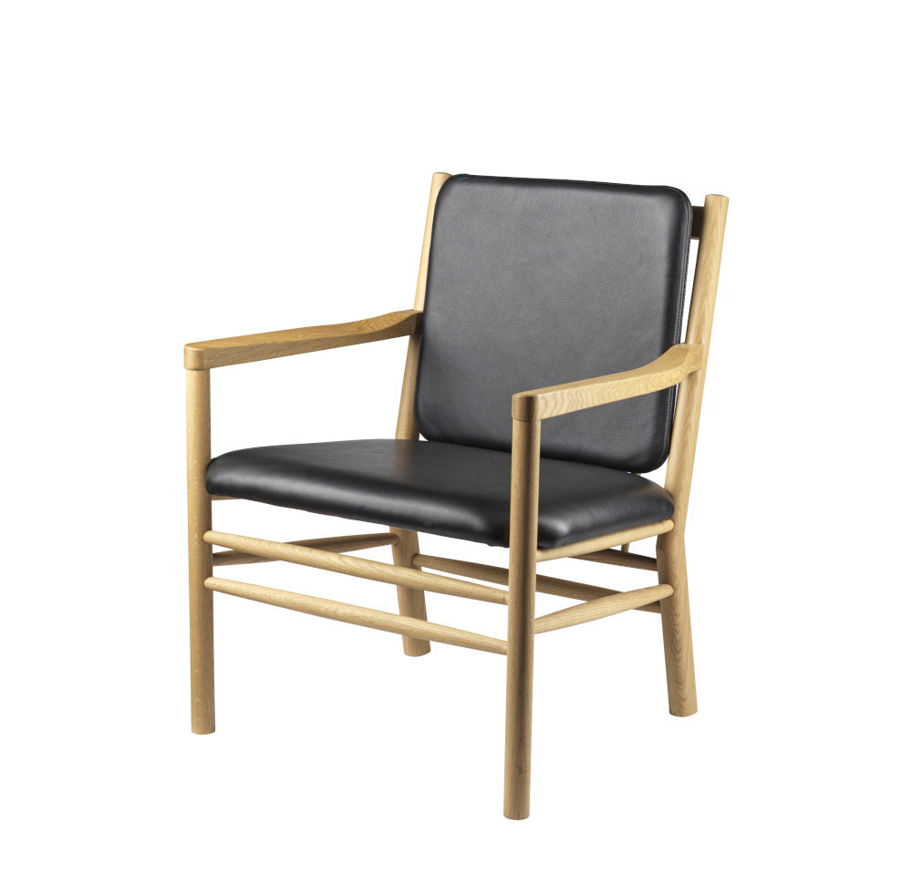 FDB Møbler J147 Sessel, nordischer Design-Stuhl, ergonomisch, Eiche natur, Leder schwarz, langlebig, nachhaltig