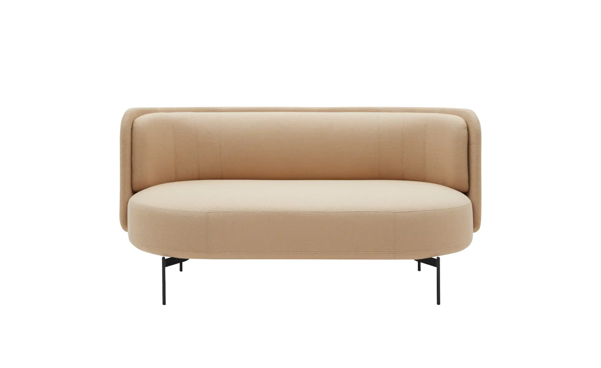 Softline Joe Sofa Niedrig in Beige in Vorderansicht mit gerundeter Sitzfläche, gepolsterter Rückenlehne und schlanken schwarzen Metallfüßen.