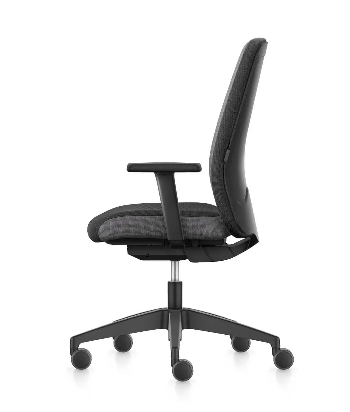 Interstuhl EVERY EV156 Bürostuhl in Schwarz mit hoher Rückenlehne und Armlehnen in Seitenansicht
