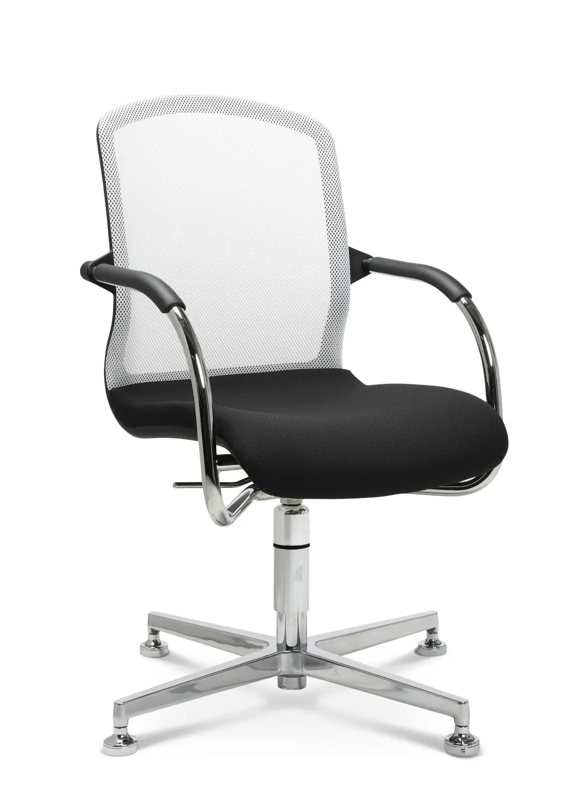 Seitenansicht des Wagner AluMedic 50 3D Visit Besucherstuhls mit ergonomischer Sitzfläche, Netzrückenlehne und verchromtem 4-Strahl-Gestell.