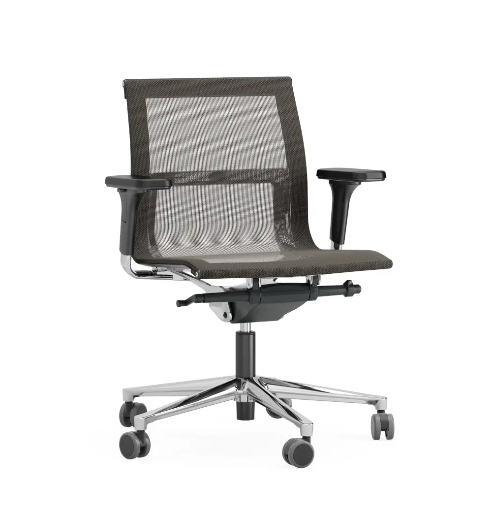 ICF Una Plus HD Low Back 5 Star Base Bürostuhl mit niedriger Netzrückenlehne, Armlehnen und poliertem Aluminium-Fußkreuz.