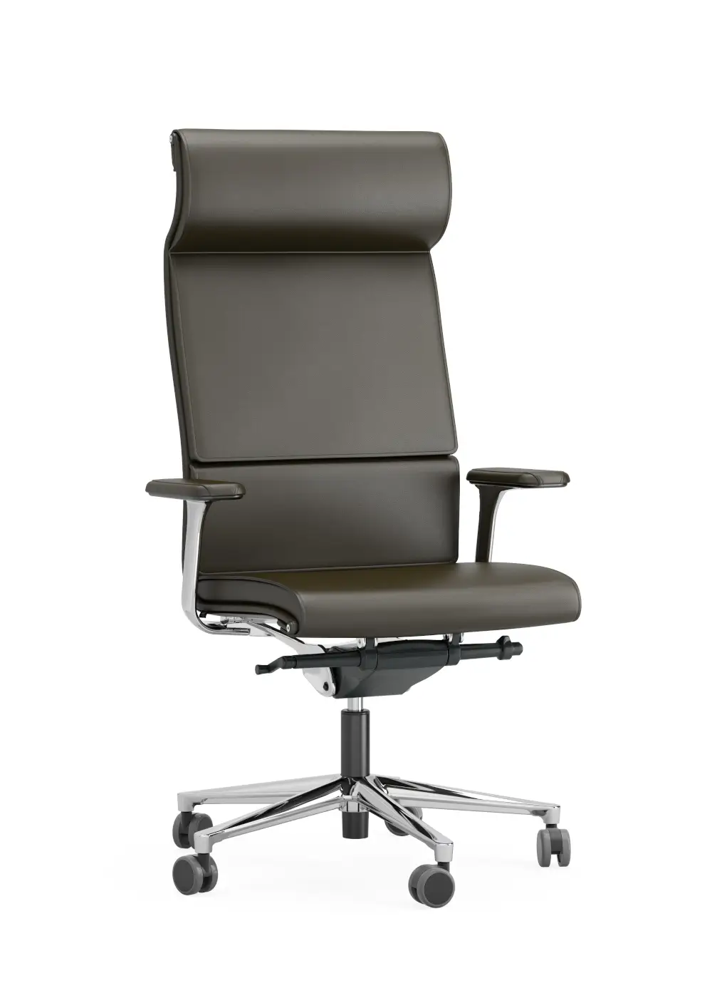 ICF Una Plus Executive 943 High Back 5 Star Base Bürostuhl mit hoher Rückenlehne, Kopfstütze, Armlehnen und poliertem Aluminium-Fußkreuz.
