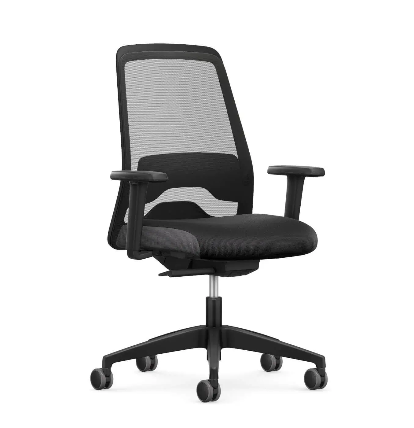 Interstuhl EVERY EV256 Bürostuhl in Schwarz mit Netzrücken und Armlehnen aus vorderer Perspektive