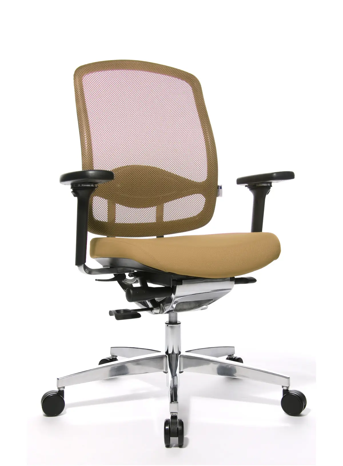 Wagner AluMedic 10 Bürostuhl mit Netzrücken und beigem Sitzpolster in Schrägansicht von vorne für ergonomisches Arbeiten im Büro