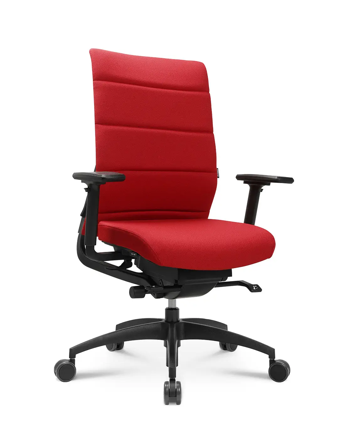 Wagner ErgoMedic 100-4 Bürostuhl mit rotem Sitz- und Rückenpolster, ergonomischer Rückenlehne und verstellbaren Armlehnen in schräger Vorderansicht.