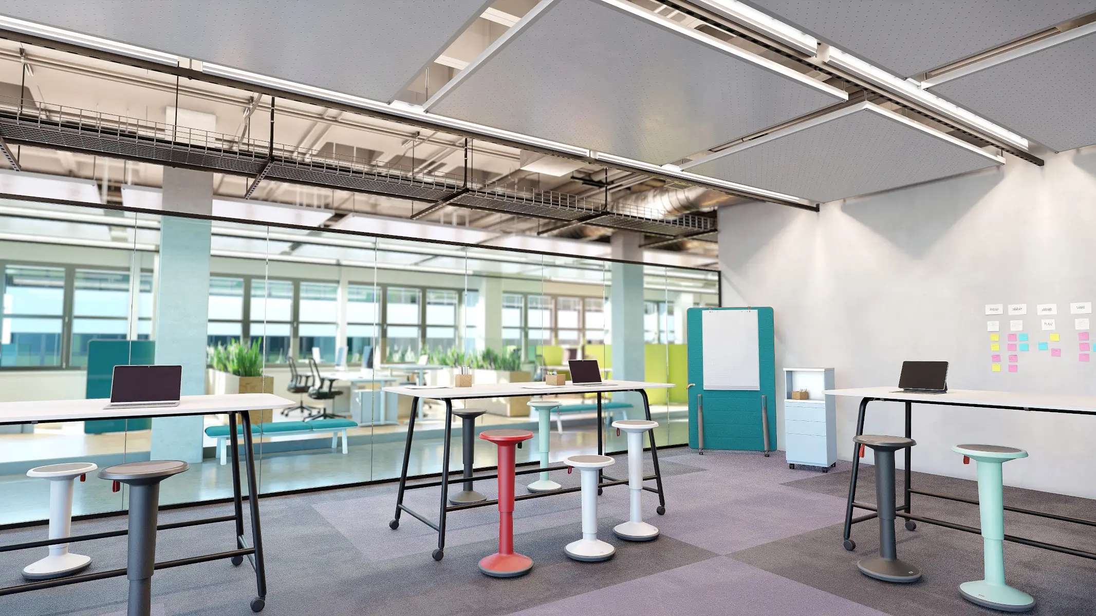 Interstuhl UP Sitzkissen auf UP Hockern an Stehtischen im modernen Büro