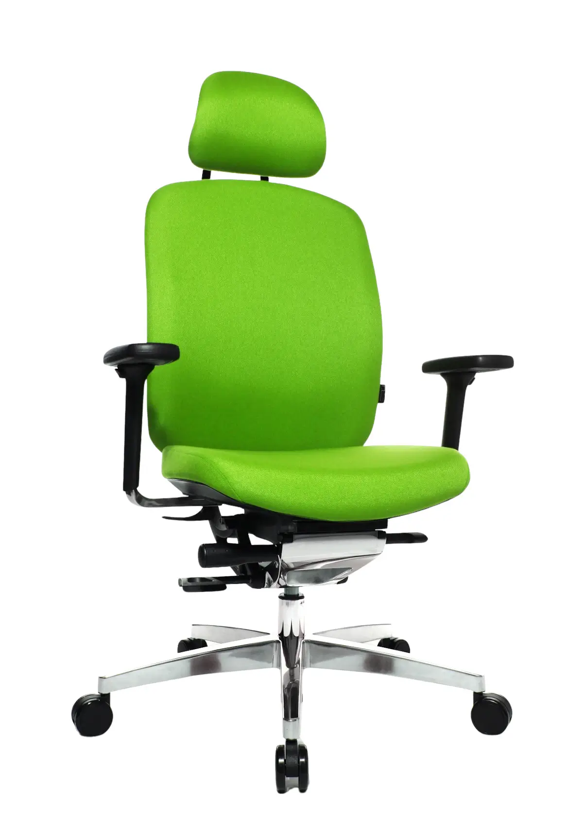 Wagner AluMedic 15 Bürostuhl mit Kopfstütze, grünem Stoffbezug und ergonomischer Rückenlehne in Schrägansicht von vorne.