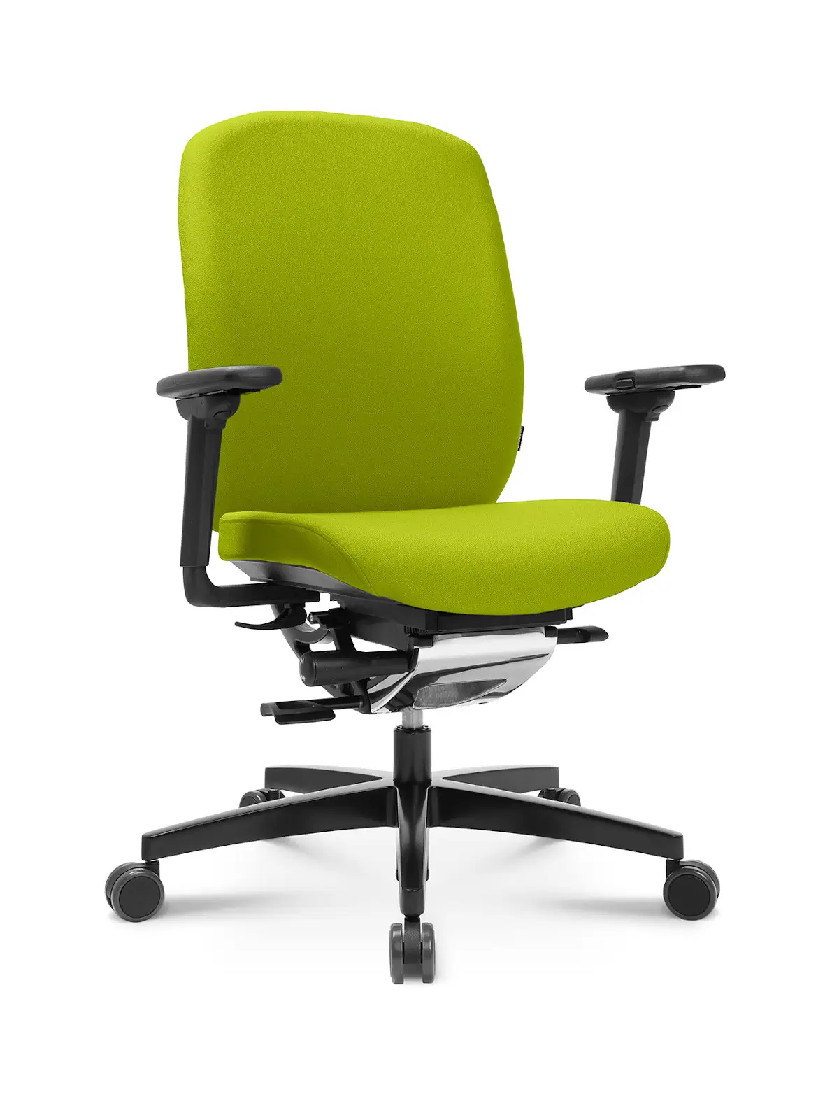 Wagner AluMedic 15 Bürostuhl mit grünem Stoffbezug und ergonomischer Rückenlehne in Schrägansicht von vorne.