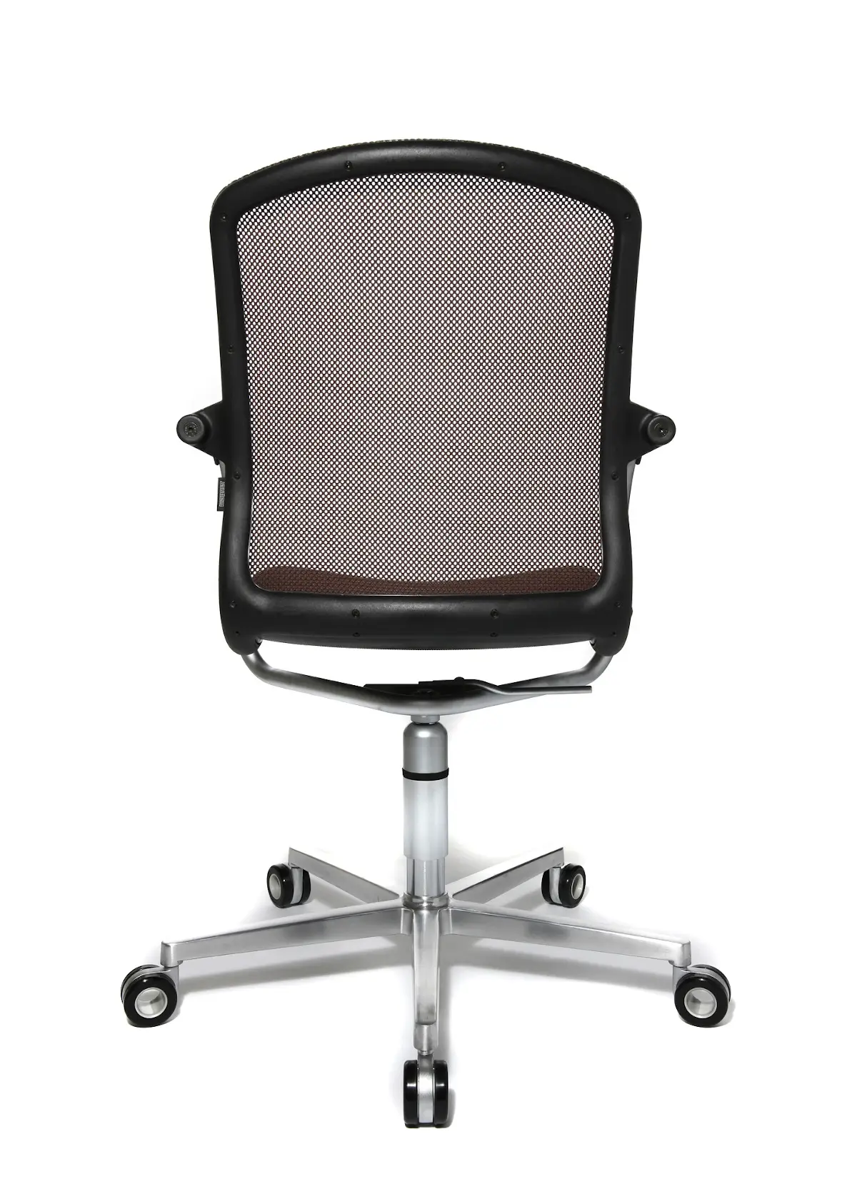 Rückansicht des Wagner AluMedic 50 3D Visit Besucherstuhls mit ergonomischer Netzrückenlehne und 5-Strahl-Rollengestell.