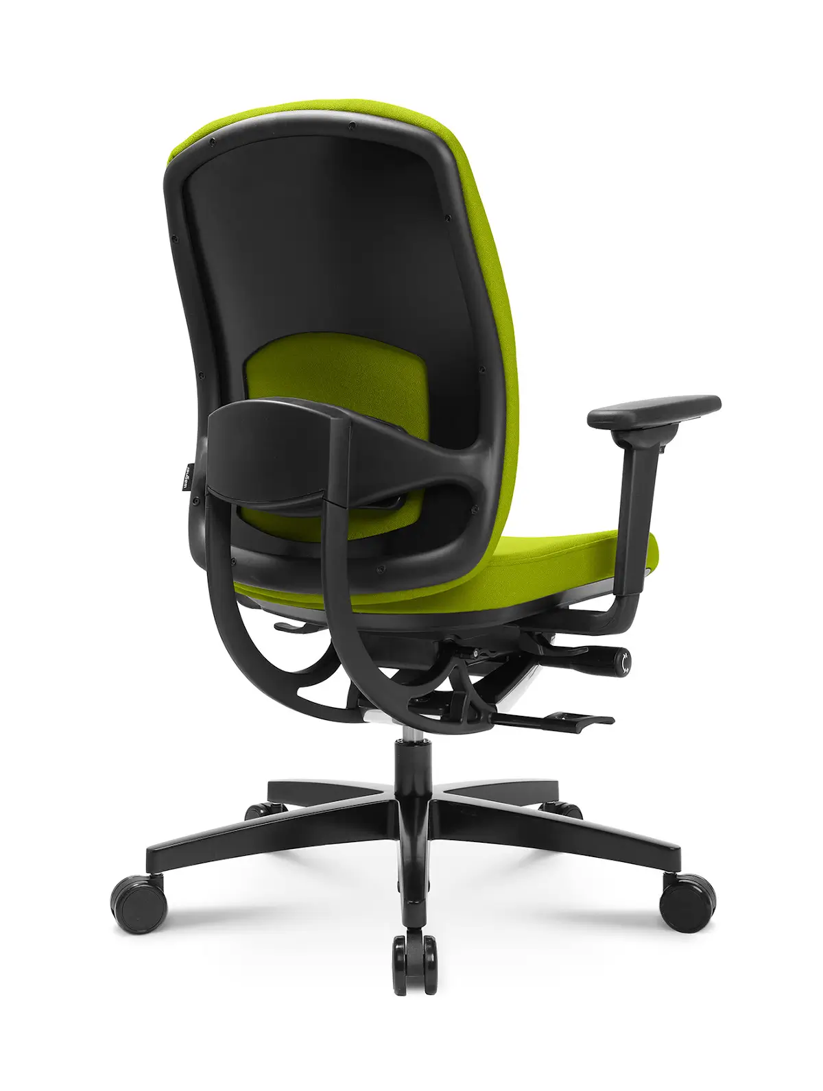Wagner AluMedic 15 Bürostuhl in Schrägansicht von hinten mit ergonomischer Rückenlehne und grünem Stoffbezug.