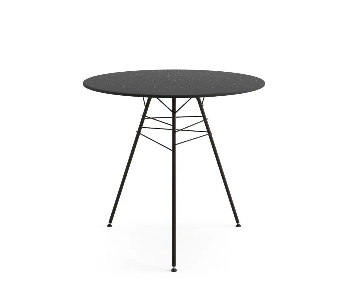 Arper Leaf Bistrotisch #1830 mit schlanken Metallbeinen, stabilisierenden Verstrebungen und runder Tischplatte in zeitlosem Design.